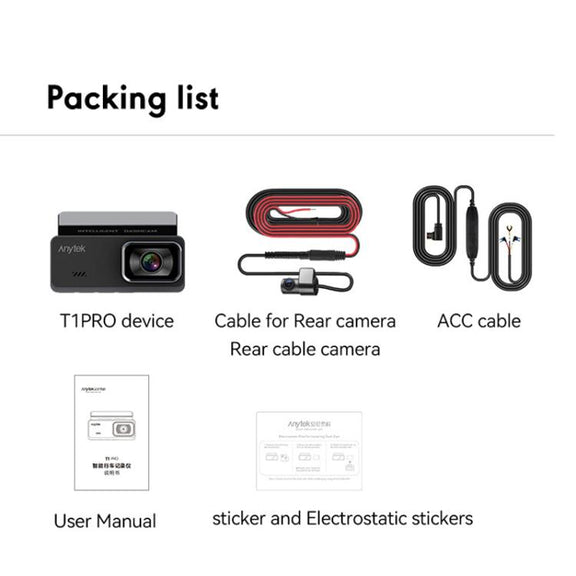 Anytek T1 PRO 3.2 Inch 2K HD Night Vision Car Recorder Hidden Car Camera Front And Rear Dual Recording