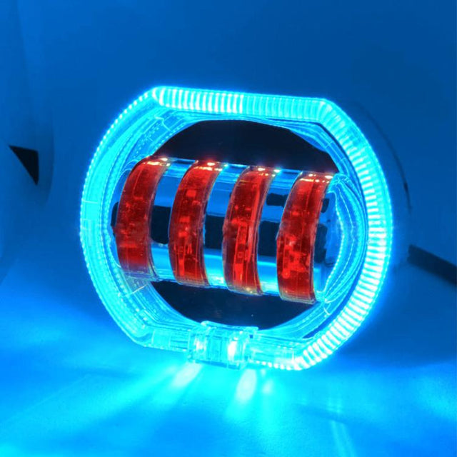 Motorcycle Electric Vehicle General Modification LED Headlight 4 Beads Double Lens Lamps, Style: Ice Blue Aperture+Red Devil Eye