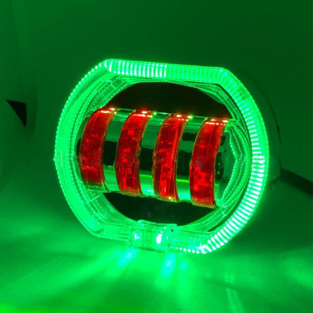 Motorcycle Electric Vehicle General Modification LED Headlight 4 Beads Double Lens Lamps, Style: Green Aperture+Red Devil Eye