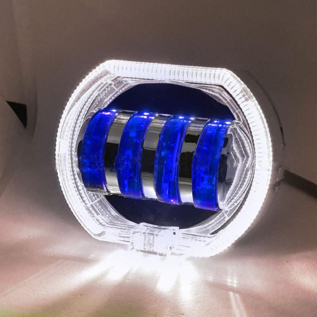 Motorcycle Electric Vehicle General Modification LED Headlight 4 Beads Double Lens Lamps, Style: White Aperture+Blue Devil Eye