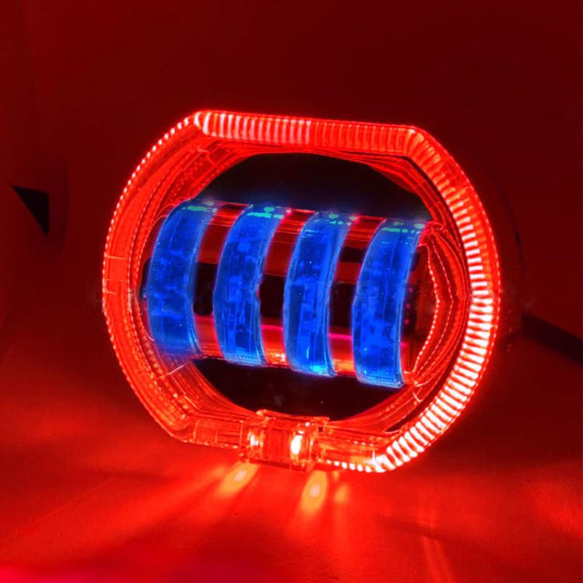Motorcycle Electric Vehicle General Modification LED Headlight 4 Beads Double Lens Lamps, Style: Red Aperture+Blue Devil Eye