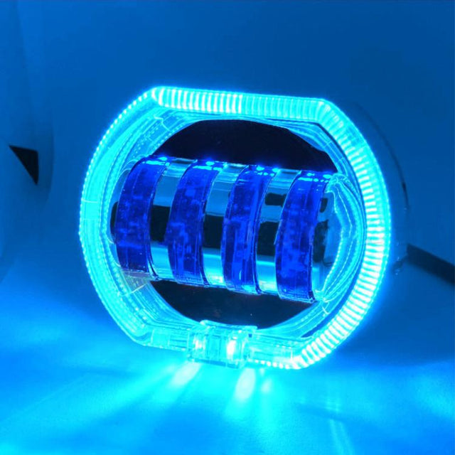 Motorcycle Electric Vehicle General Modification LED Headlight 4 Beads Double Lens Lamps, Style: Ice Blue Aperture+Blue Devil Eye