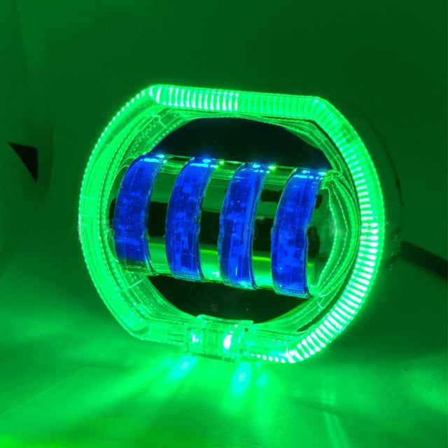 Motorcycle Electric Vehicle General Modification LED Headlight 4 Beads Double Lens Lamps, Style: Green Aperture+Blue Devil Eye