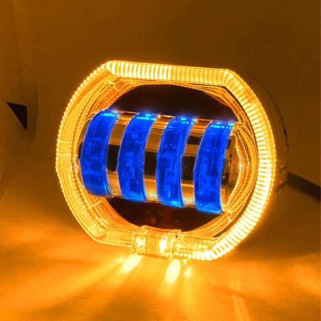 Motorcycle Electric Vehicle General Modification LED Headlight 4 Beads Double Lens Lamps, Style: Yellow Aperture+Blue Devil Eye