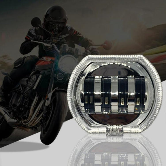 Motorcycle Electric Vehicle General Modification LED Headlight 4 Beads Double Lens Lamps, Style: Green Aperture+Blue Devil Eye