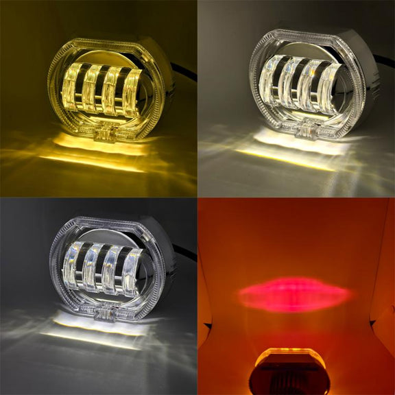 Motorcycle Electric Vehicle General Modification LED Headlight 4 Beads Double Lens Lamps, Style: Green Aperture+Blue Devil Eye