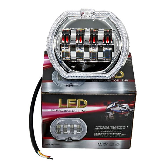 Motorcycle Electric Vehicle General Modification LED Headlight 4 Beads Double Lens Lamps, Style: Yellow Aperture+Red Devil Eye