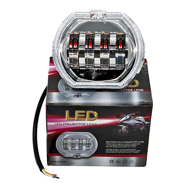 Motorcycle Electric Vehicle General Modification LED Headlight 4 Beads Double Lens Lamps, Style: Yellow Aperture+Blue Devil Eye