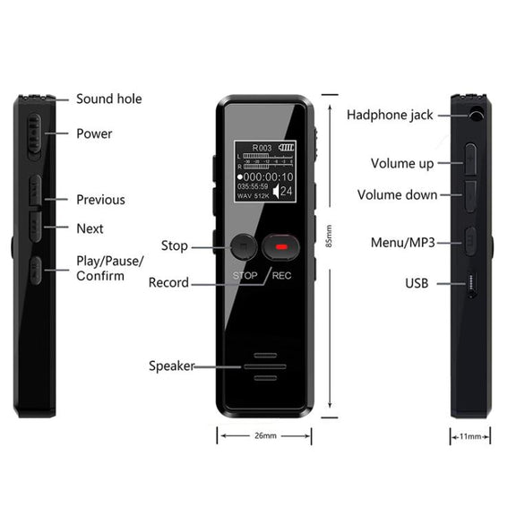 64GB 0.9-inch LCD Screen Interview Mini HD Recorder USB Charging MP3 Player