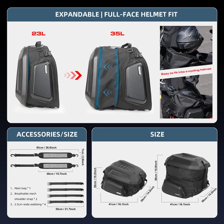 Rhinowalk MT2335 23L-35L Expandable Large-capacity EVA Hard Shell Motorcycle Tail Bag(Carbon Fiber) - free shipping - PMC Jewellery - Order now!