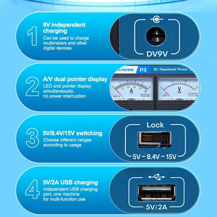 SUNSHINE P3 DC Regulated Power Supply 5V/8.4V/15V Switching Mobile Phone Repair Regulated Power Supply Meter(US Plug 110V) - free shipping - PMC Jewellery - Order now!