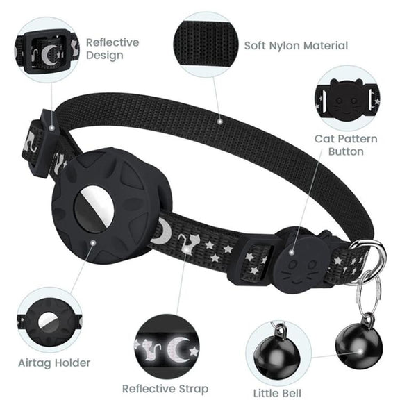 For AirTag Tracker Silicone Case Reflective Stars And Moon Cats Dogs Pet Collar With Bell(Pink)