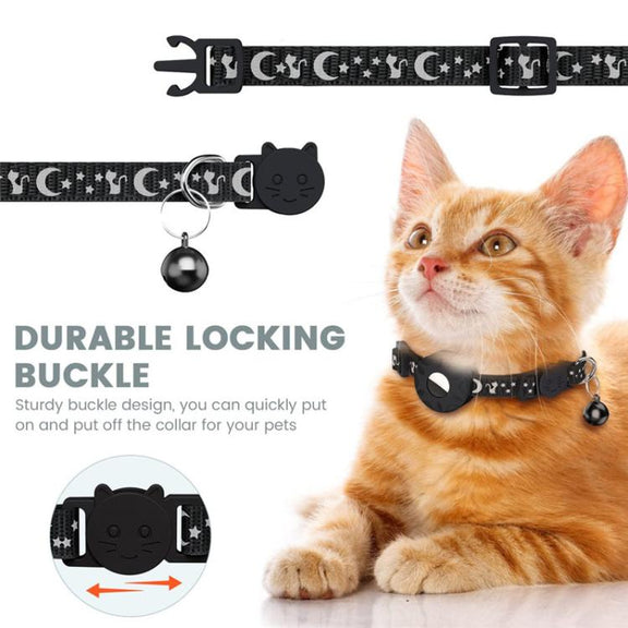 For AirTag Tracker Silicone Case Reflective Stars And Moon Cats Dogs Pet Collar With Bell(Pink)