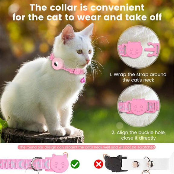 For AirTag Tracker Silicone Case Reflective Stars And Moon Cats Dogs Pet Collar With Bell(Pink)