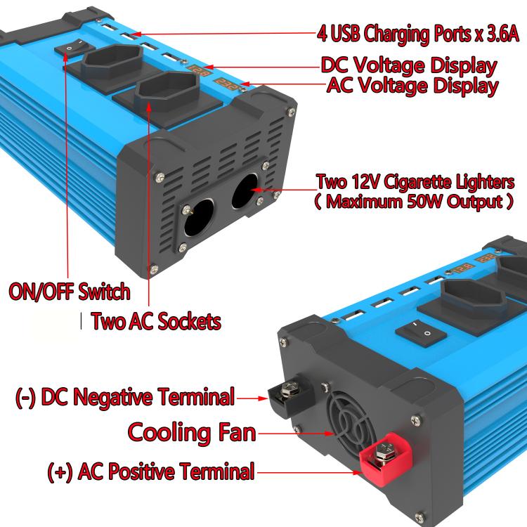 Gurxun 4 USB Ports Digital Display Modified Square Wave Inverter, Spec: 500W US Plug 12V To 110V - free shipping - PMC TechLife - Order now!
