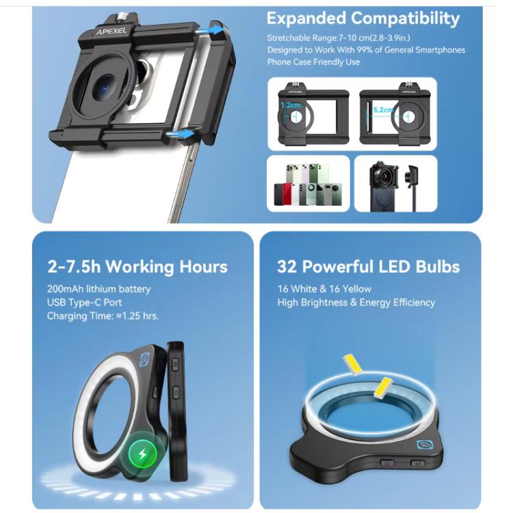 APEXEL 10-20x Zoom Macro Lens With 45-Mode Fill Light Kit for Smartphones - free shipping - PMC Jewellery - Order now!