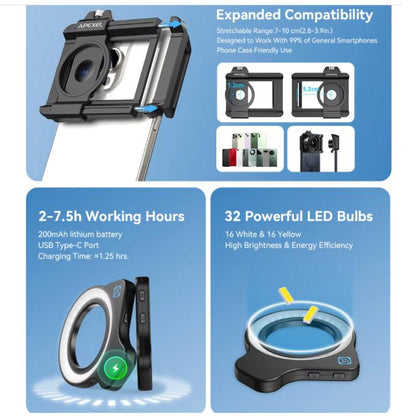 APEXEL 10-20x Zoom Macro Lens With 45-Mode Fill Light Kit for Smartphones - free shipping - PMC Jewellery - Order now!