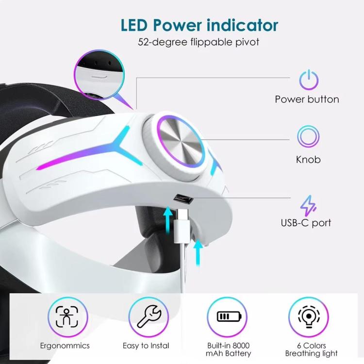 For Meta Quest 2 VR RGB Head Strap Adjustable Headband Built-in 8000 mAh Battery(White)