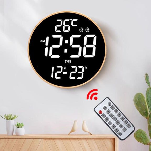11.6-Inch White Light Wall Clock With Remote Control Multi-Functional Alarm Clock Bamboo+Black