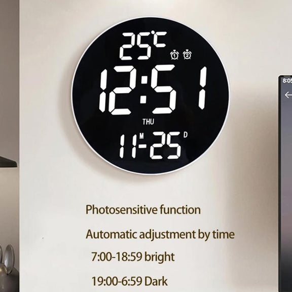 11.6-Inch White Light Wall Clock With Remote Control Multi-Functional Alarm Clock Bamboo+Black