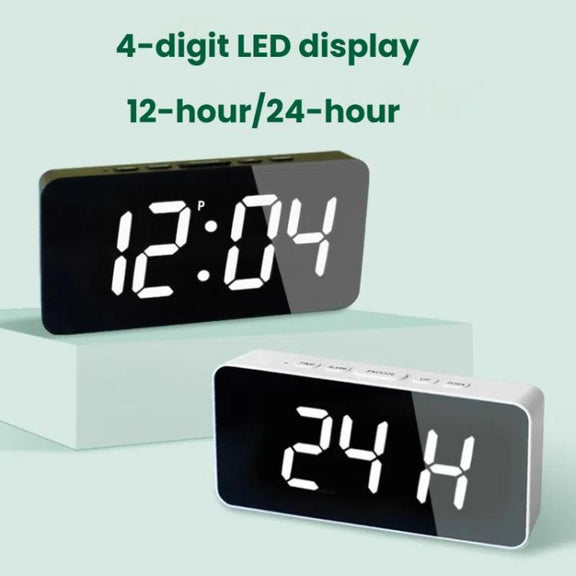 LED Mirror Digital Clock with Type-C Charging Port & 18650 Battery Compartment (Battery Not Included)(Black+Blue)
