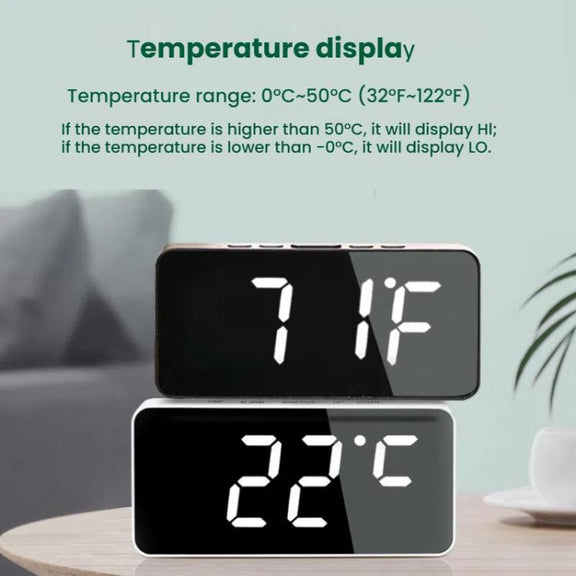 LED Mirror Digital Clock with Type-C Charging Port & 18650 Battery Compartment (Battery Not Included)(Black+White)