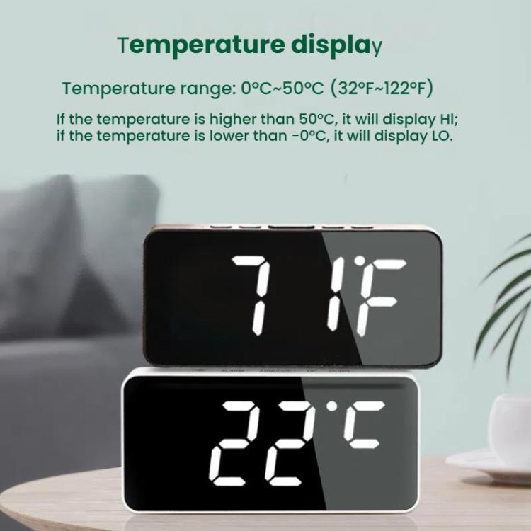 LED Mirror Digital Clock with Type-C Charging Port & 18650 Battery Compartment (Battery Not Included)(Black+White)