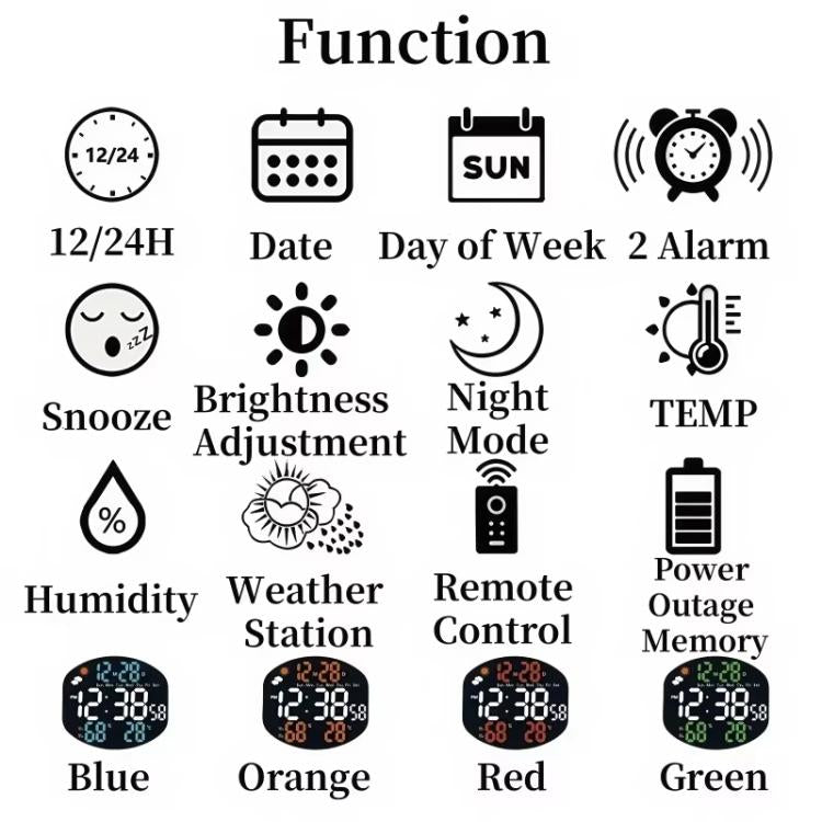 Digital Wall Clock Weather Station Forecast TEMP Humidity 2 Alarm Table Clock With Remote Control(Red+White)