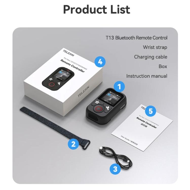 TELESIN T13 60m Sports Camera Wireless Bluetooth Remote Control For GoPro HERO13 Black /12 Black /11 Black /10 Black /9 Black /8 Black /Max(Black)