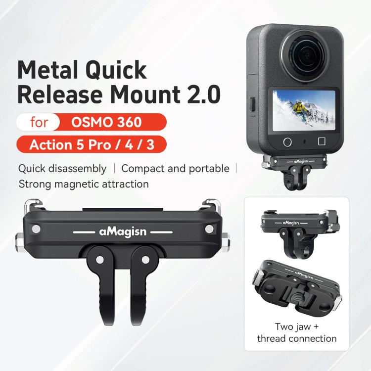 For DJI Osmo 360/Action 5 Pro/4/3 aMagisn Metal Magnetic Quick Release Mount Dual Interface Adapter(Black)