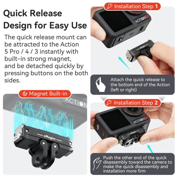 For DJI Osmo 360/Action 5 Pro/4/3 aMagisn Metal Magnetic Quick Release Mount Dual Interface Adapter(Black)