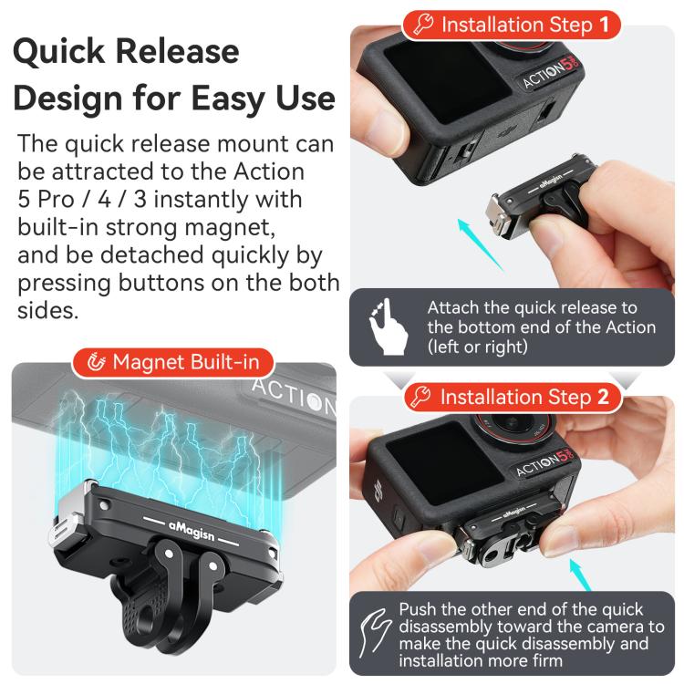 For DJI Osmo 360/Action 5 Pro/4/3 aMagisn Metal Magnetic Quick Release Mount Dual Interface Adapter(Black)