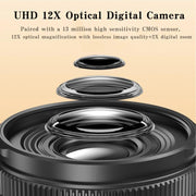 4K 72MP 12X Optical Zoom Student Digital Camera WiFi HD Video Camera With 3 Inch Flip Screen(Black)