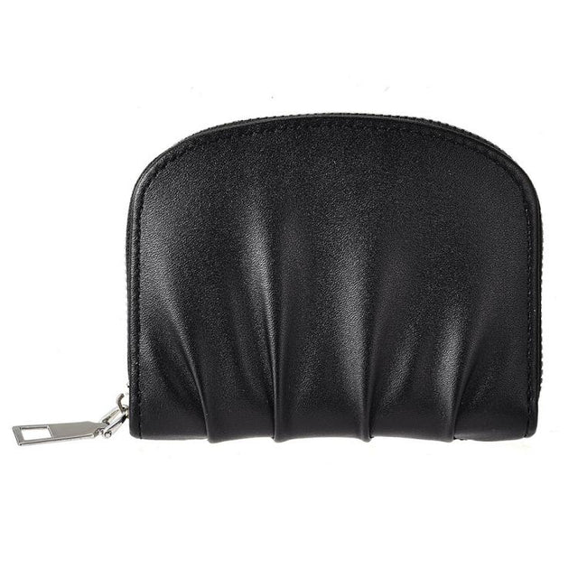 Women Wallet Pleated Sense PU Zipper Short Wallet Simple Solid Color Coin Purse(Black)
