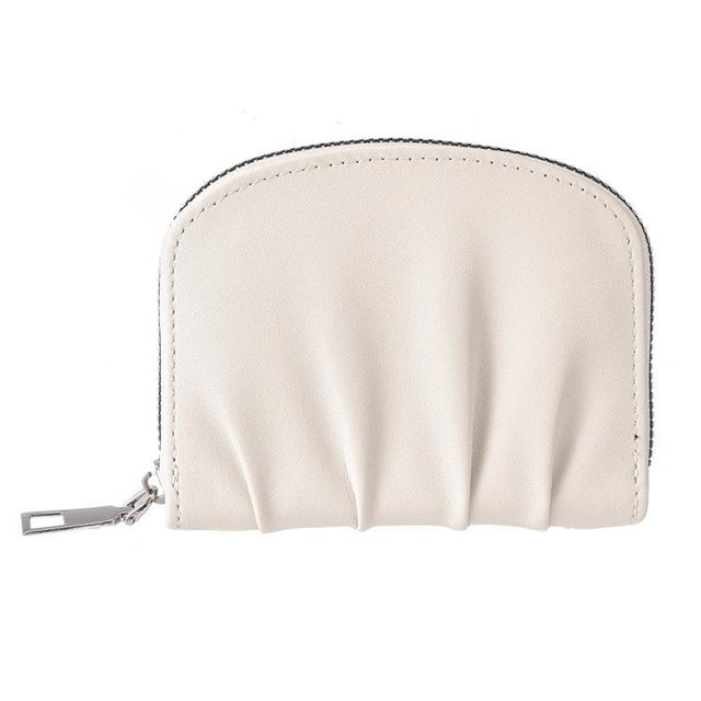 Women Wallet Pleated Sense PU Zipper Short Wallet Simple Solid Color Coin Purse(Beige)