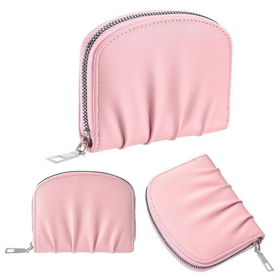 Women Wallet Pleated Sense PU Zipper Short Wallet Simple Solid Color Coin Purse(Beige)