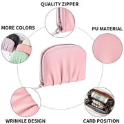 Women Wallet Pleated Sense PU Zipper Short Wallet Simple Solid Color Coin Purse(Beige)