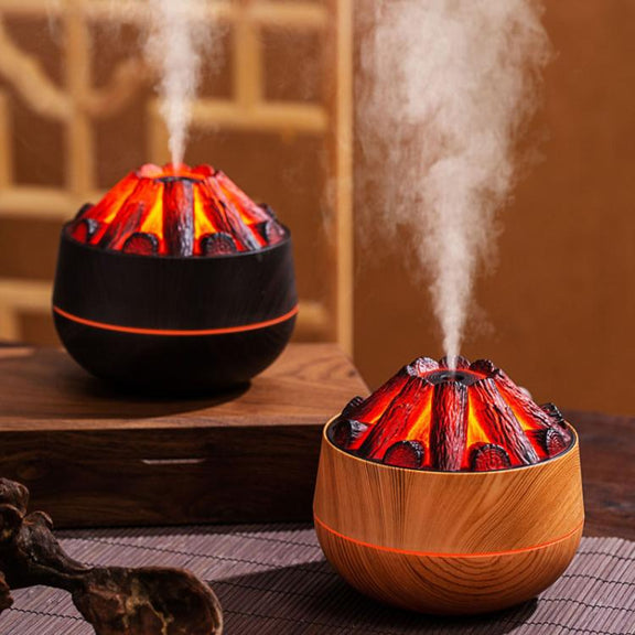 Simulated Charcoal Fire Ambient Night Light Humidifier USB Large Mist Flame Humidifier(Dark Wood Grain)