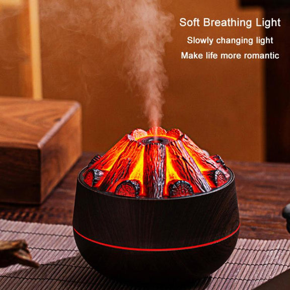 Simulated Charcoal Fire Ambient Night Light Humidifier USB Large Mist Flame Humidifier(Dark Wood Grain)