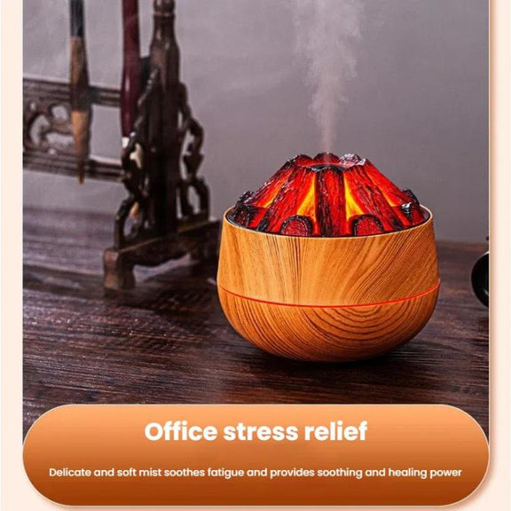 Simulated Charcoal Fire Ambient Night Light Humidifier USB Large Mist Flame Humidifier(Dark Wood Grain)