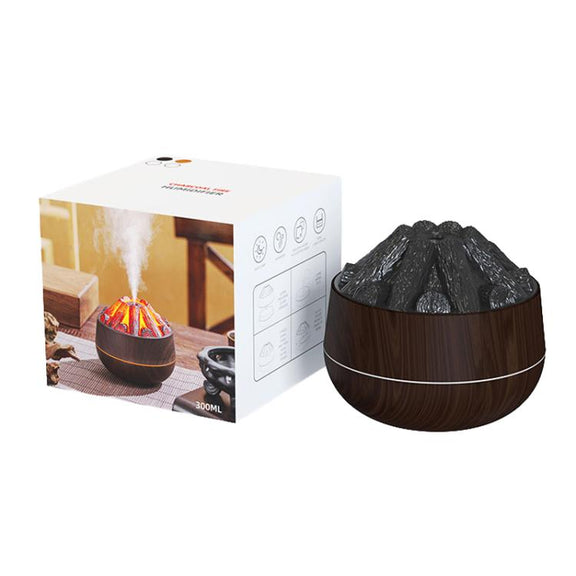 Simulated Charcoal Fire Ambient Night Light Humidifier USB Large Mist Flame Humidifier(Dark Wood Grain)