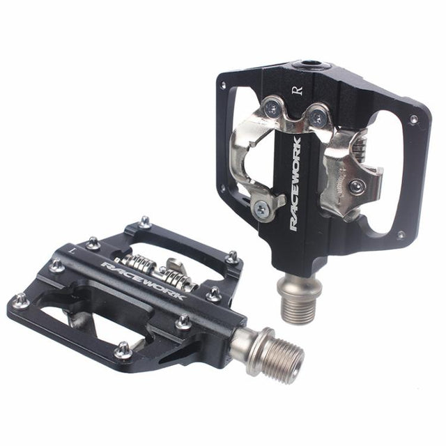 RACEWORK RK213 1pair Mountain Bike SPD + Flat Pedal Self-locking Dual-purpose Pedal(Black)
