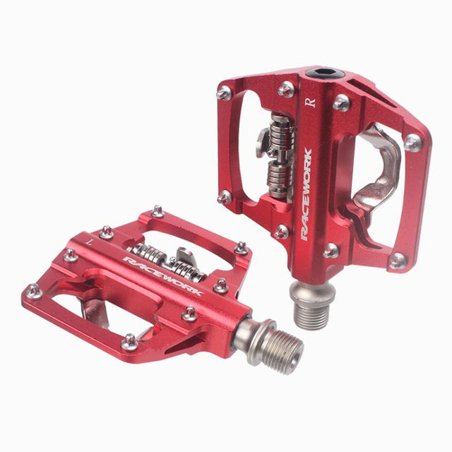 RACEWORK RK213 1pair Mountain Bike SPD + Flat Pedal Self-locking Dual-purpose Pedal(Red)