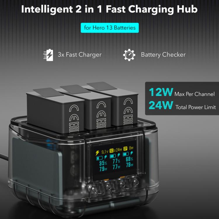 For GoPro HERO13 Black Super Fast Charger Dock Battery Charging Station With OLED Screen Display(Transparent Black) - free shipping - PMC TechLife - Order now!