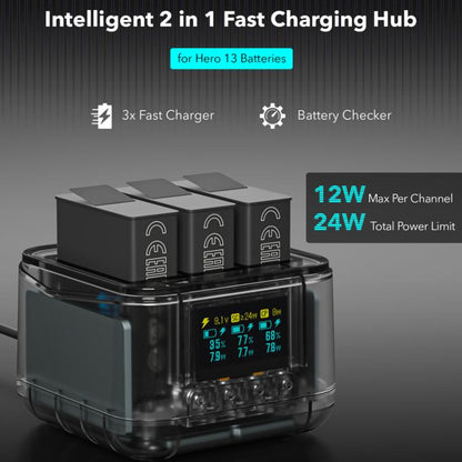 For GoPro HERO13 Black Super Fast Charger Dock Battery Charging Station With OLED Screen Display(Transparent Black) - free shipping - PMC Jewellery - Order now!
