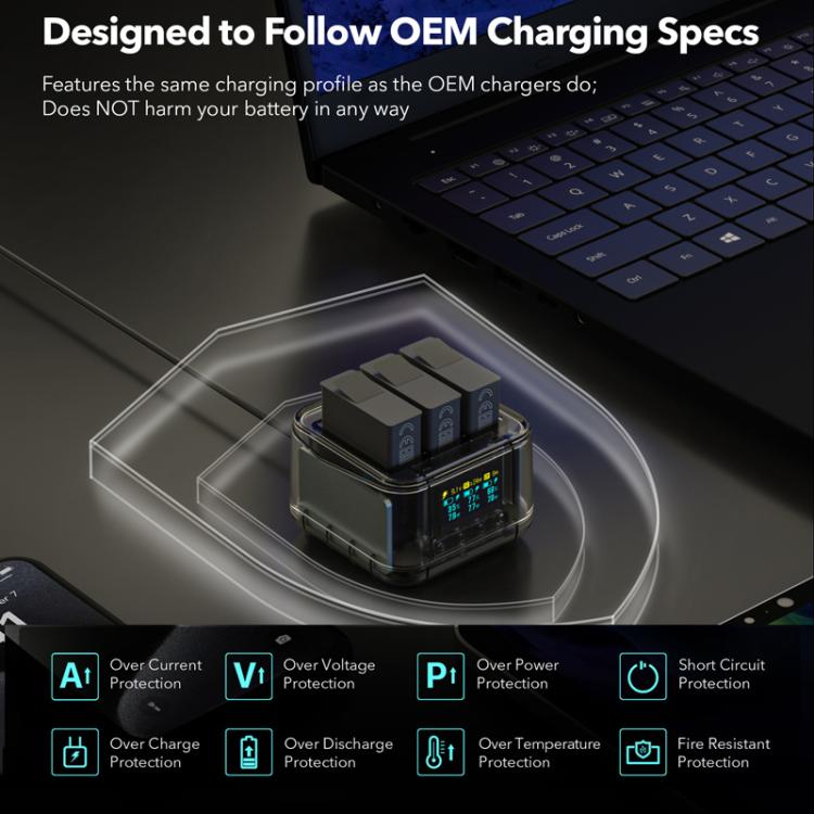 For GoPro HERO13 Black Super Fast Charger Dock Battery Charging Station With OLED Screen Display(Transparent Black) - free shipping - PMC Jewellery - Order now!