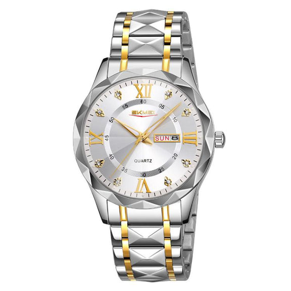 SKMEI Business Casual Watches Diamond Case Luminous Water-resistant Quartz Watch, Style: Men Silver Gold Strap Silver Dial