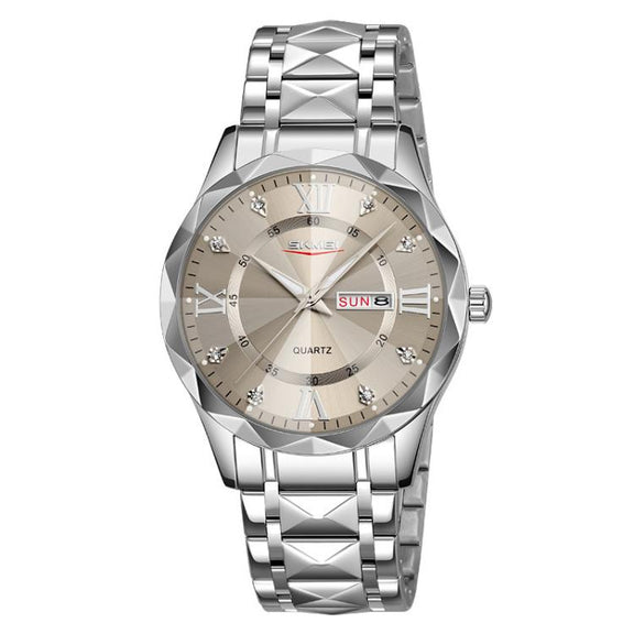 SKMEI Business Casual Watches Diamond Case Luminous Water-resistant Quartz Watch, Style: Men Silver Case Gray Dial