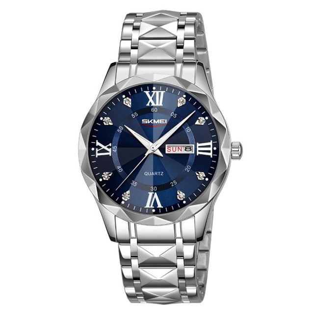 SKMEI Business Casual Watches Diamond Case Luminous Water-resistant Quartz Watch, Style: Men Silver Case Blue Dial