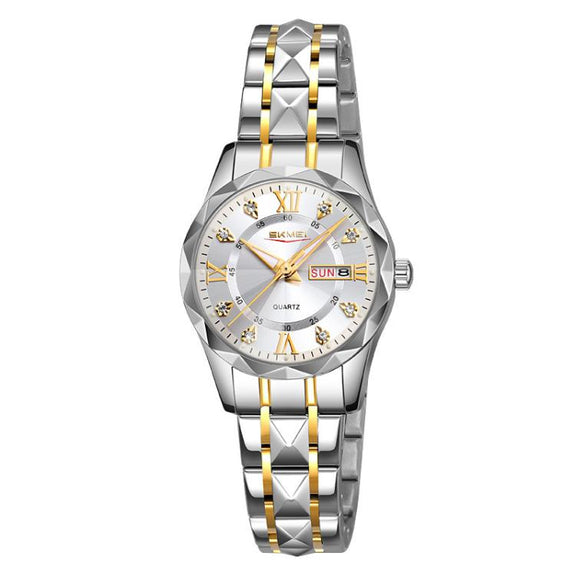 SKMEI Business Casual Watches Diamond Case Luminous Water-resistant Quartz Watch, Style: Women Silver Gold Strap Silver Dial